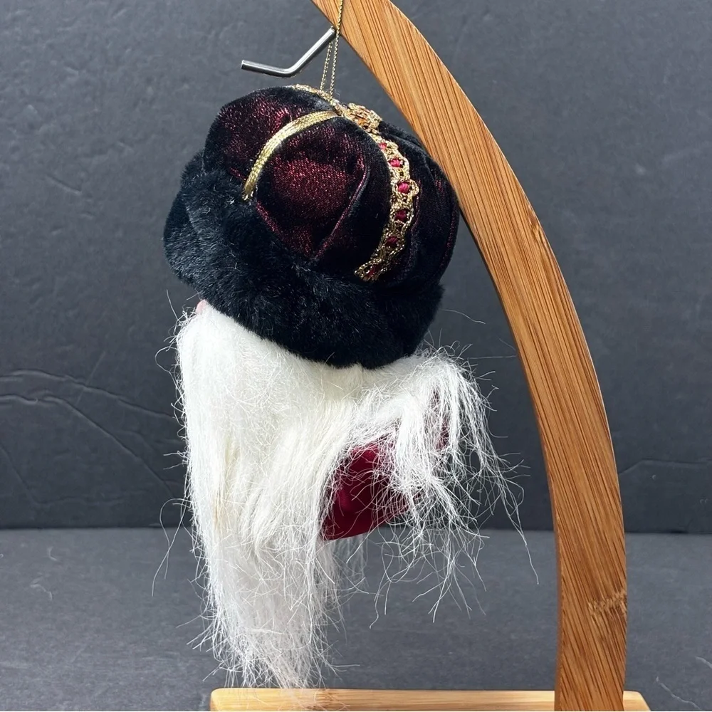 Vtg Santa Claus Head Ornament with Long Beard and Velvet Fur Hat/crown 5”